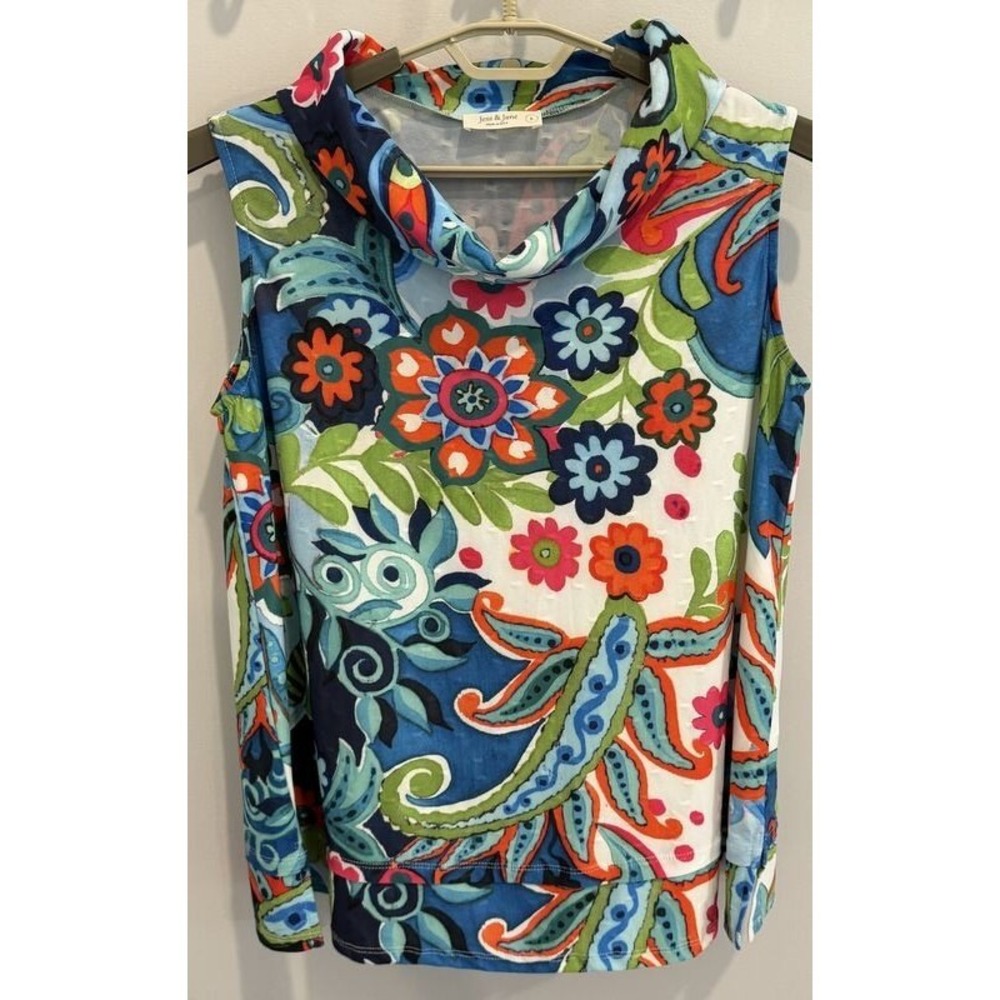 Jess and Jane Womens Art to Wear Cowl Neck Sleeveless Top Bright Print Size L